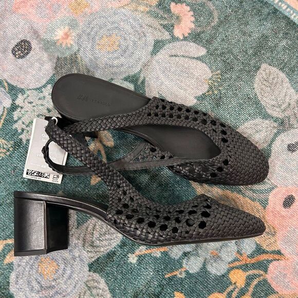 H&M Leather Slingback Pumps Sandals Black NWT Sz 11 Woven Braided Low Heels toe - Picture 12 of 16